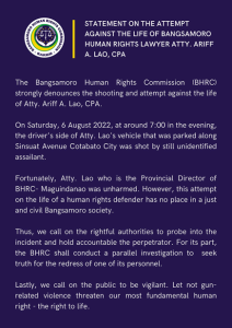 STATEMENT ON THE ATTEMPT AGAINST THE LIFE OF BANGSAMORO HUMAN RIGHTS LAWYER ATTY. ARIFF A. LAO, CPA