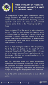READ | PRESS STATEMENT ON THE DEATH OF ONE AMIER MANGACOP, A GRADE 9 STUDENT OF DAVAO CITY