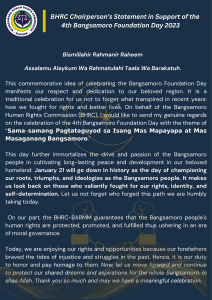 BHRC CHAIRPERSON’S STATEMENT IN SUPPORT OF THE 4TH BANGSAMORO FOUNDATION DAY 2023