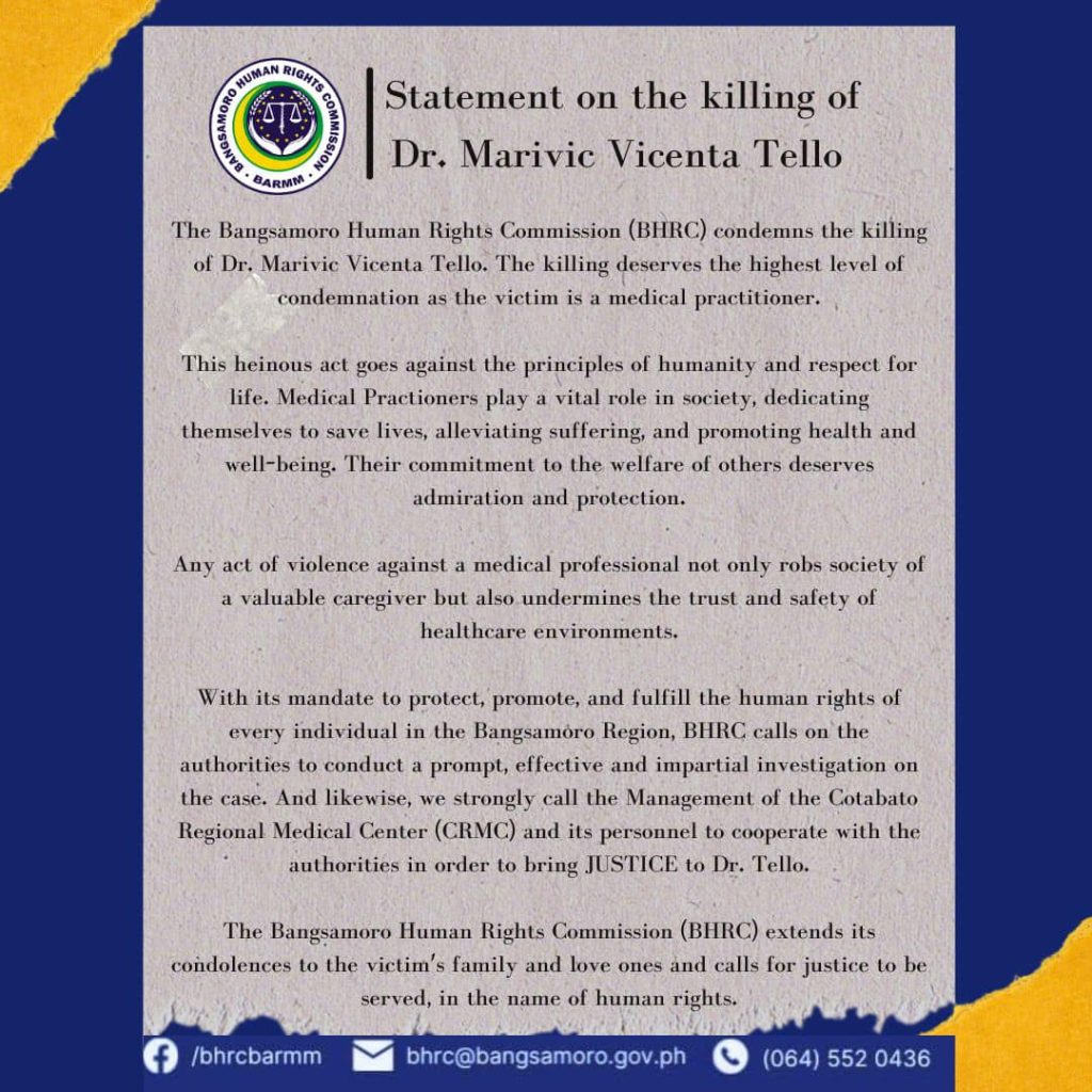 READ | STATEMENT CONDEMNING THE KILLING OF DR. MARIVIC VICENTA TELLO OF COTABATO REGIONAL MEDICAL CENTER (CRMC)